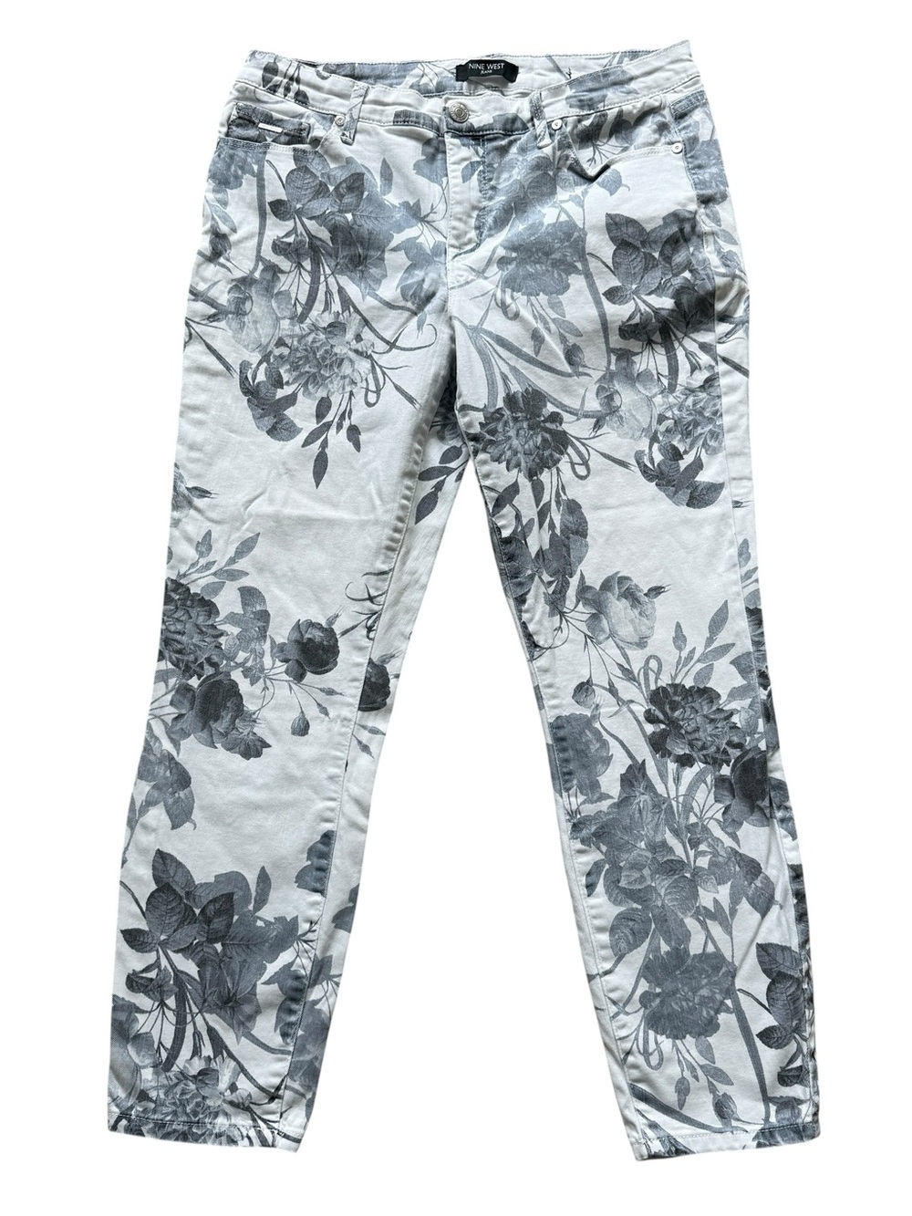 Nine West Floral Print Skinny Ankle Jeans Gray White Stretch Mid Rise 8 Romantic